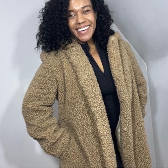 Vintage tan teddy car coat cozy sherpa style trench plush fluffy neutral jacket - Picture 3 of 15